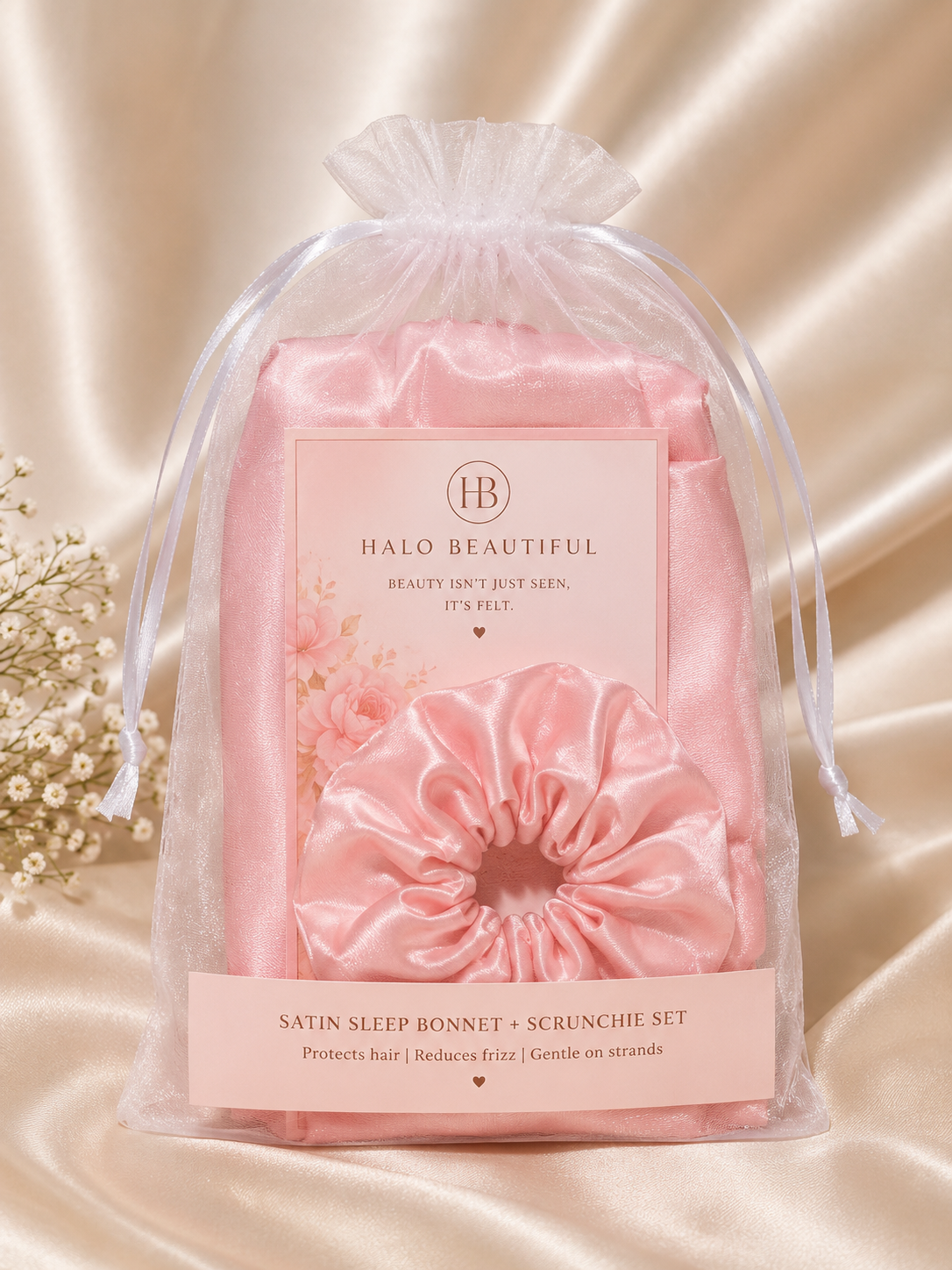 Halo Beautiful Satin Sleep Bonnet + Scrunchie Set | Blush Pink